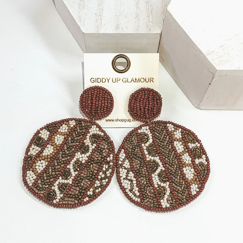 Hoop earrings with luxe velvet finishes for a rich and luxurious touch-Circle Drop Striped Beaded Earrings in Brown