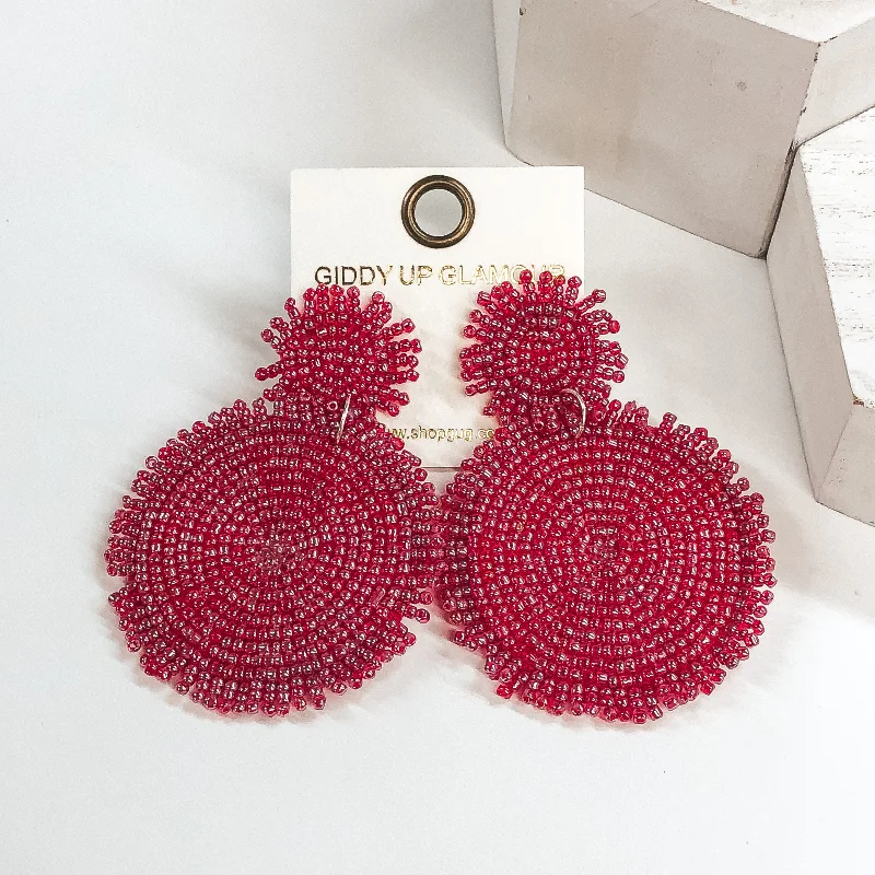 Hoop earrings with rhinestone-studded rims for a glamorous touch-Circle Drop Two Tiered Beaded Earrings in Candy Red