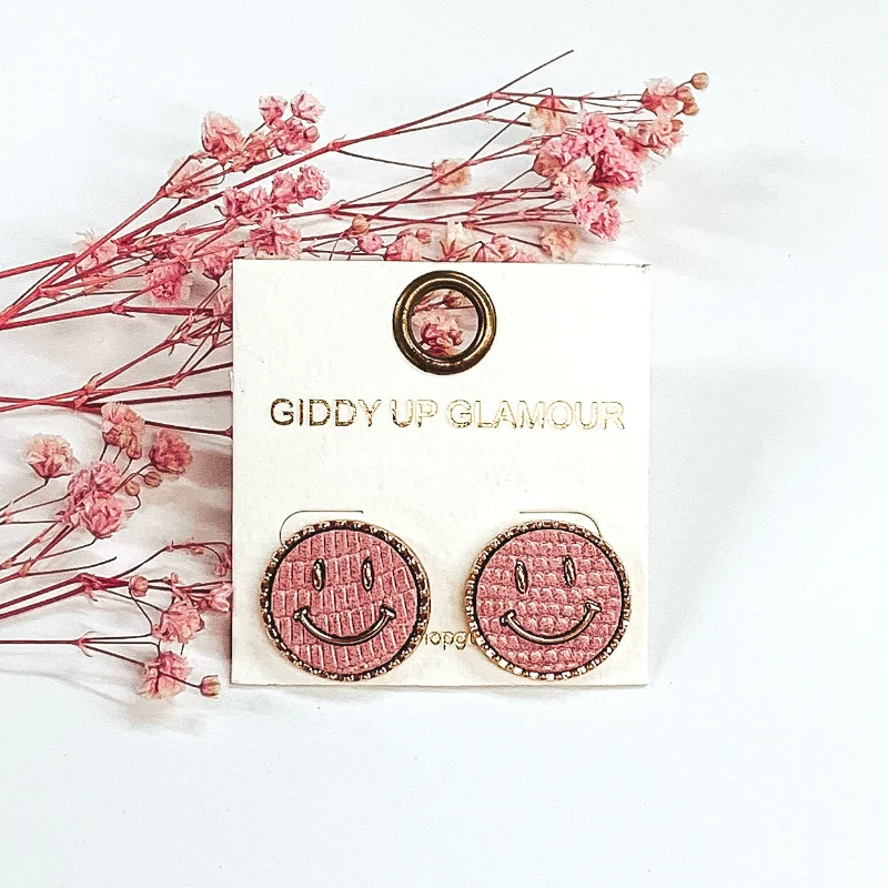 Hoop earrings with heart-shaped frames for a romantic and feminine look-Animal Print Circle Happy Face Earrings in Pink