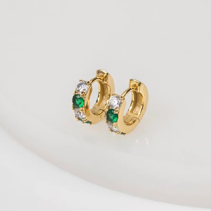 Best hoop earrings with multi-colored gemstones for a vibrant and lively touch-Classic Diamante Emerald & Gold 7mm Baby Huggie Earrings