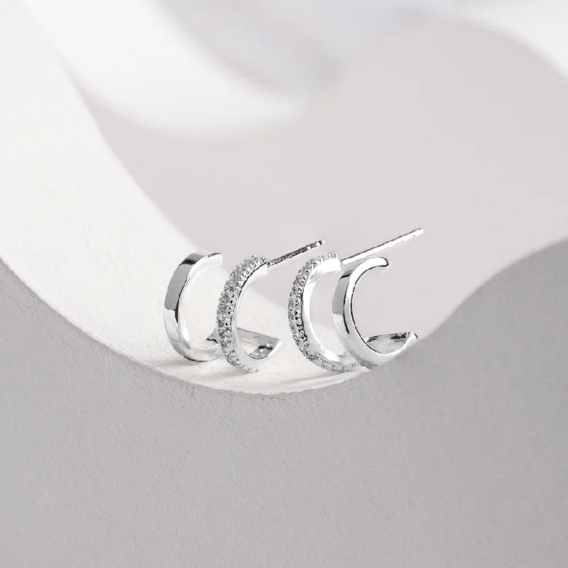 Hoop earrings with removable pendants for a versatile and customizable accessory-Classic Double Pave Silver 9mm Huggie Earrings