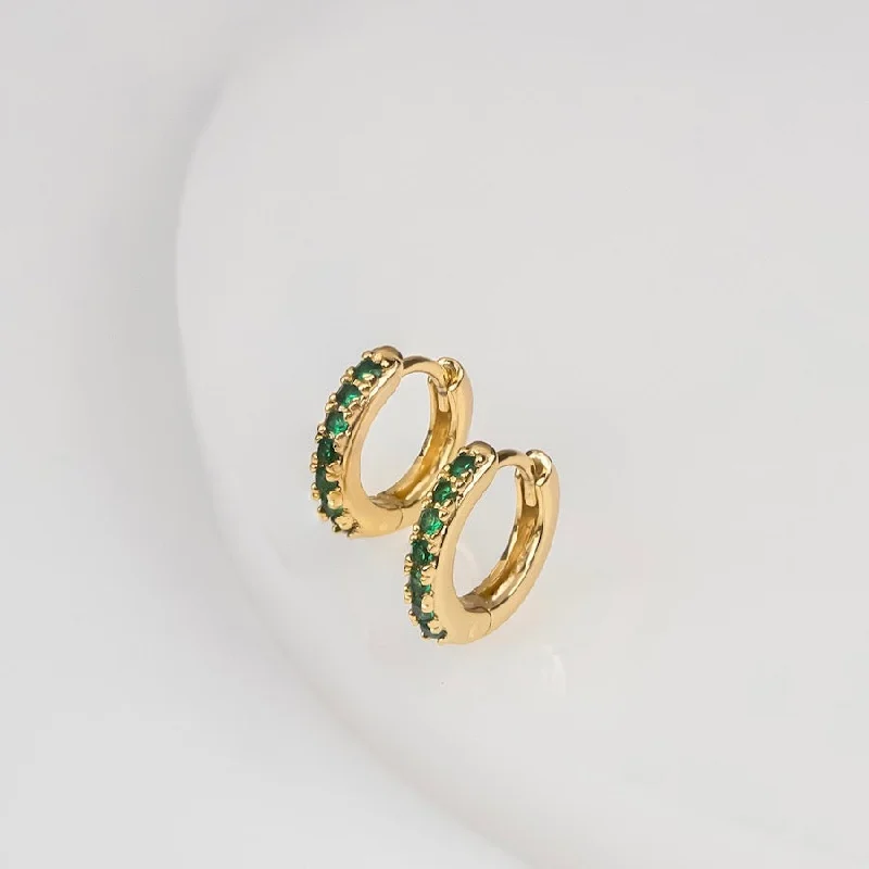 Best hoop earrings with geometric hexagon shapes for a modern, angular look-Classic Pave Emerald & Gold 7mm Baby Huggie Earrings