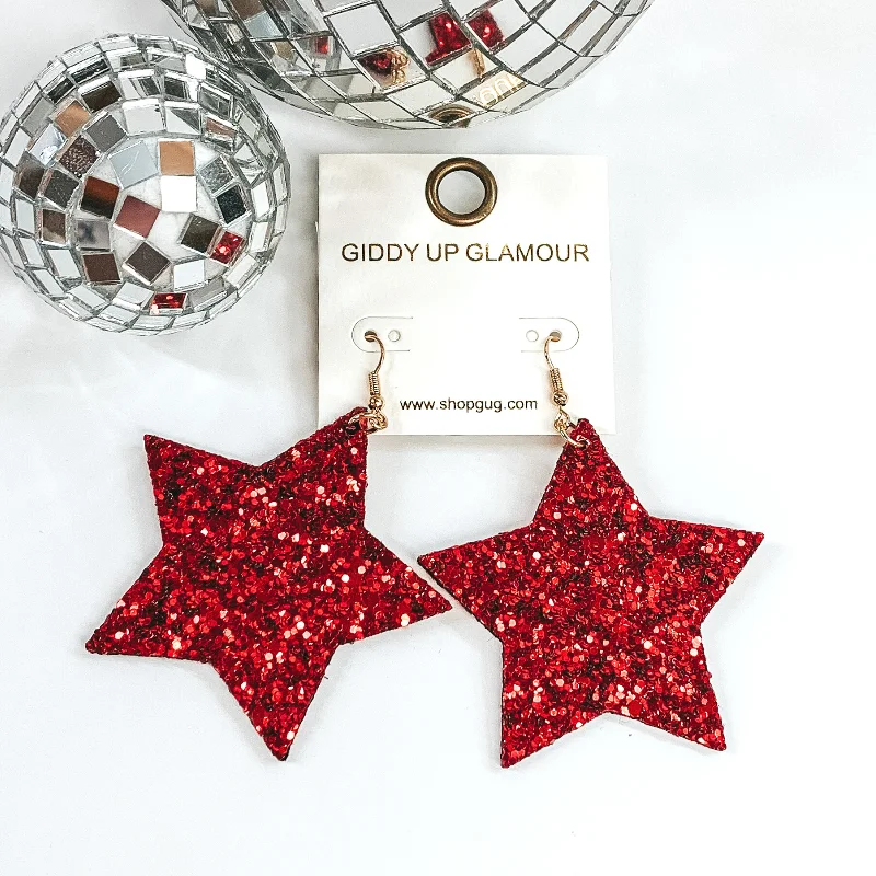 Best hoop earrings with geometric triangle shapes for a modern, chic design-Glitter Star Earrings in Red