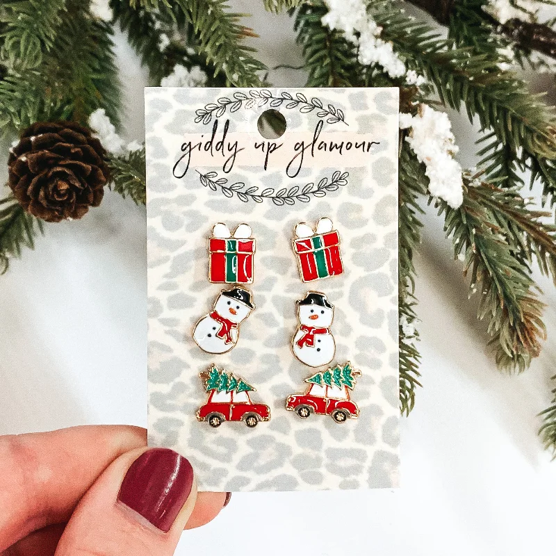 Hoop earrings with floral motifs for a feminine and nature-inspired look-Snowman Christmas Earring Set