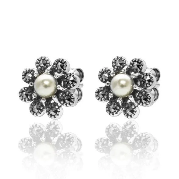 Hoop earrings with hammered textures for a boho-chic and rustic vibe-Marcasite & Pearl Flower Studs