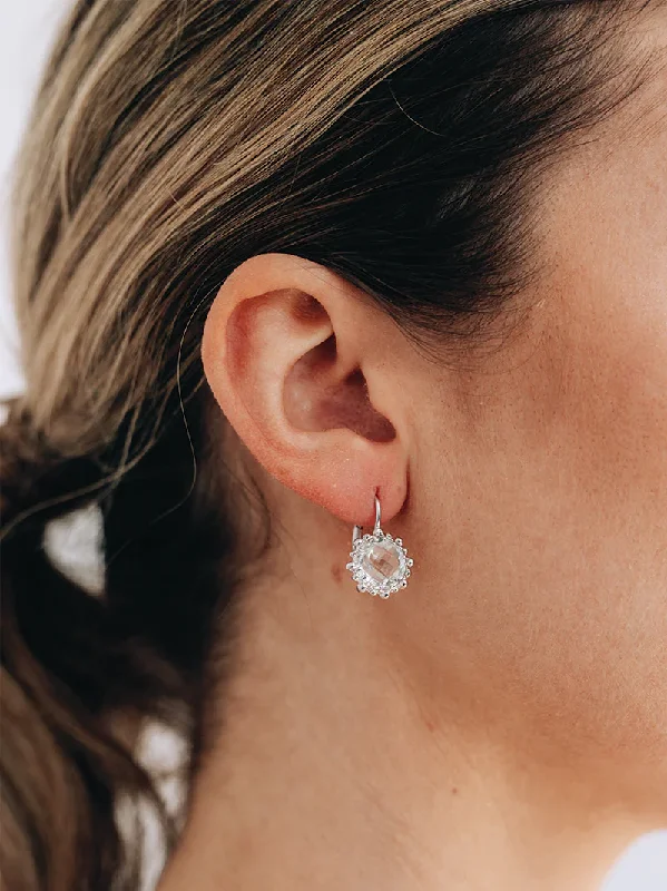 Hoop earrings with colorful beads for a fun and playful vibe-Dew Drop Snowflake Earrings - Clear Topaz & Silver