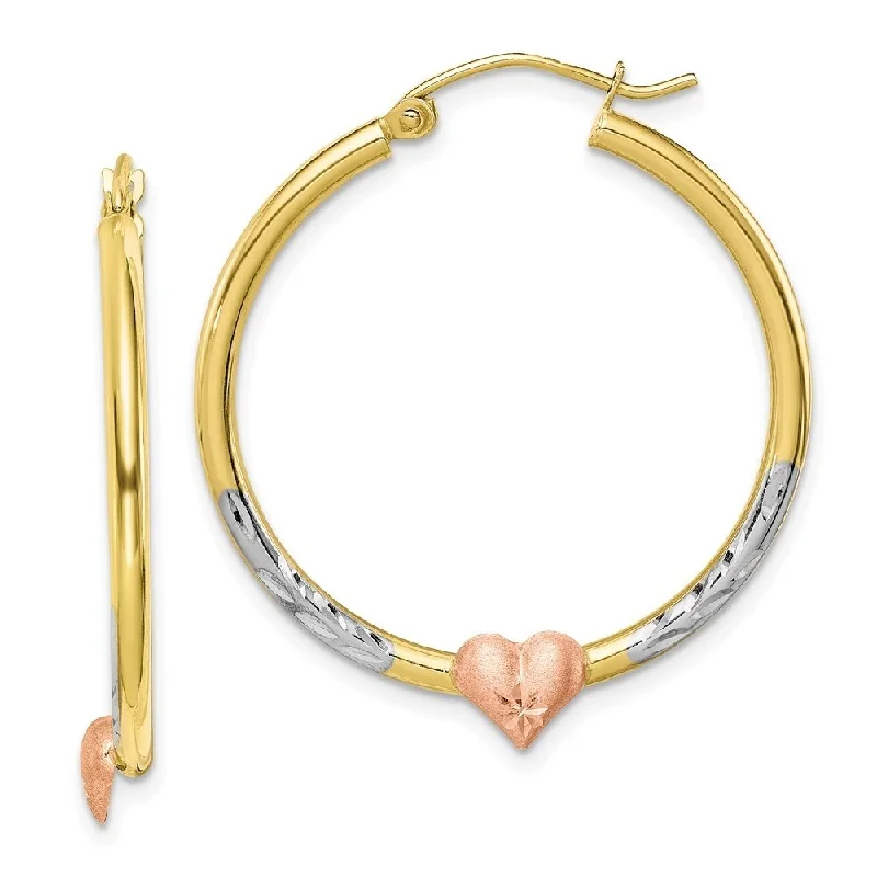 Best hoop earrings with snake-inspired designs for an edgy and fierce vibe-Diamond2Deal 10k Two-tone Gold and White Rhodium Diamond Cut Heart Hoop Earrings (L-33.55mm, W-29.61mm)