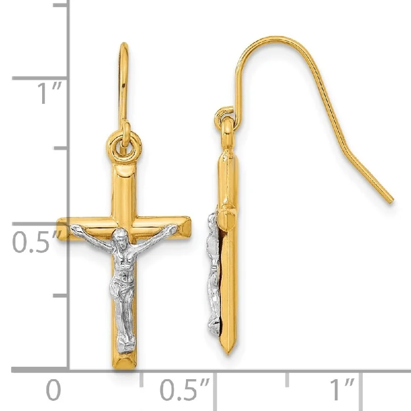 Best hoop earrings with geometric cuts for a sharp, modern appeal-Diamond2Deal 10k Two-tone Gold Polished Crucifix Dangle Earrings (L-28.7mm, W-11.72mm)