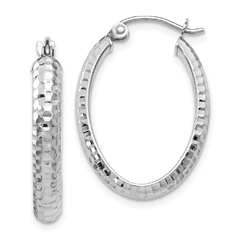 Best hoop earrings with gemstone accents for a colorful and elegant appearance-Diamond2Deal 10K White Gold Diamond-cut Oval Hinged Hoop Earrings (L-23mm, W-1.5mm)