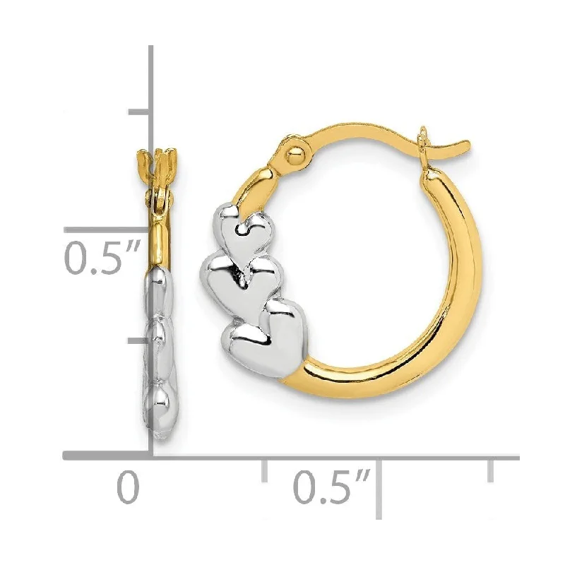 Best hoop earrings with satin ribbons for a soft, feminine appearance-Diamond2Deal 10k Yellow Gold and Rhodium and Hearts Hollow Hoop Earrings (L-16mm, W-16mm)