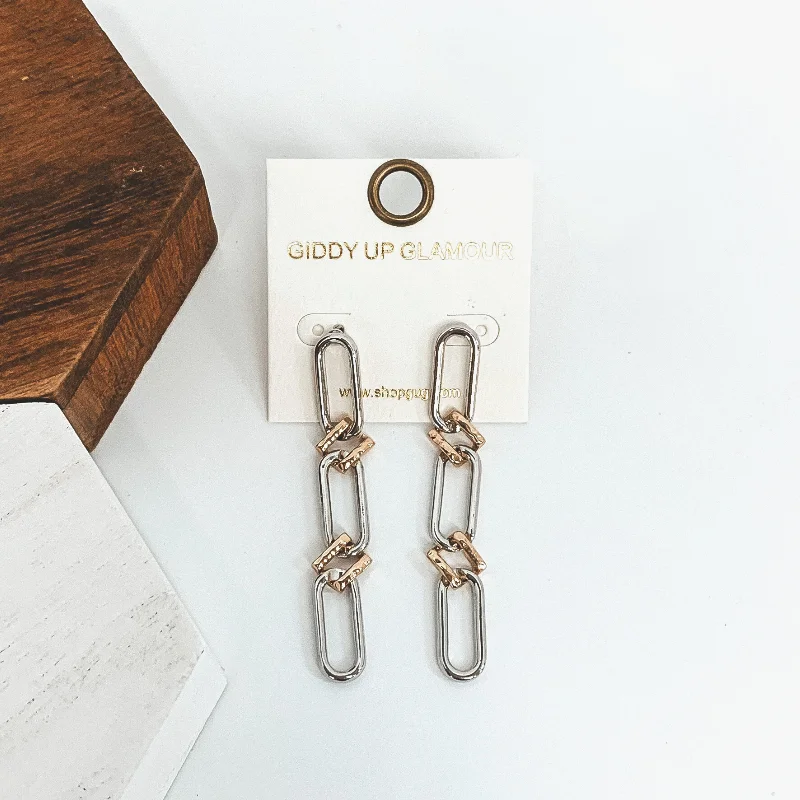 Best hoop earrings with geometric cuts for a sharp, modern appeal-Don't Leave Me Hanging Chain Link Earrings in Silver Tone & Gold Mix Metal