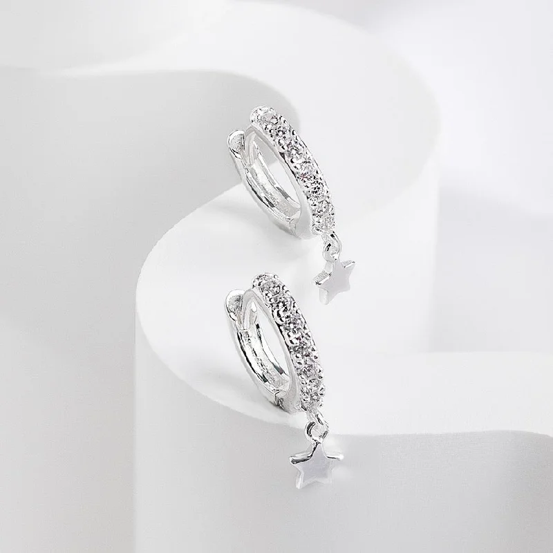 Best hoop earrings with stacked layers for a dimensional and bold look-Falling Star Pave Silver 7mm Baby Huggie Earrings