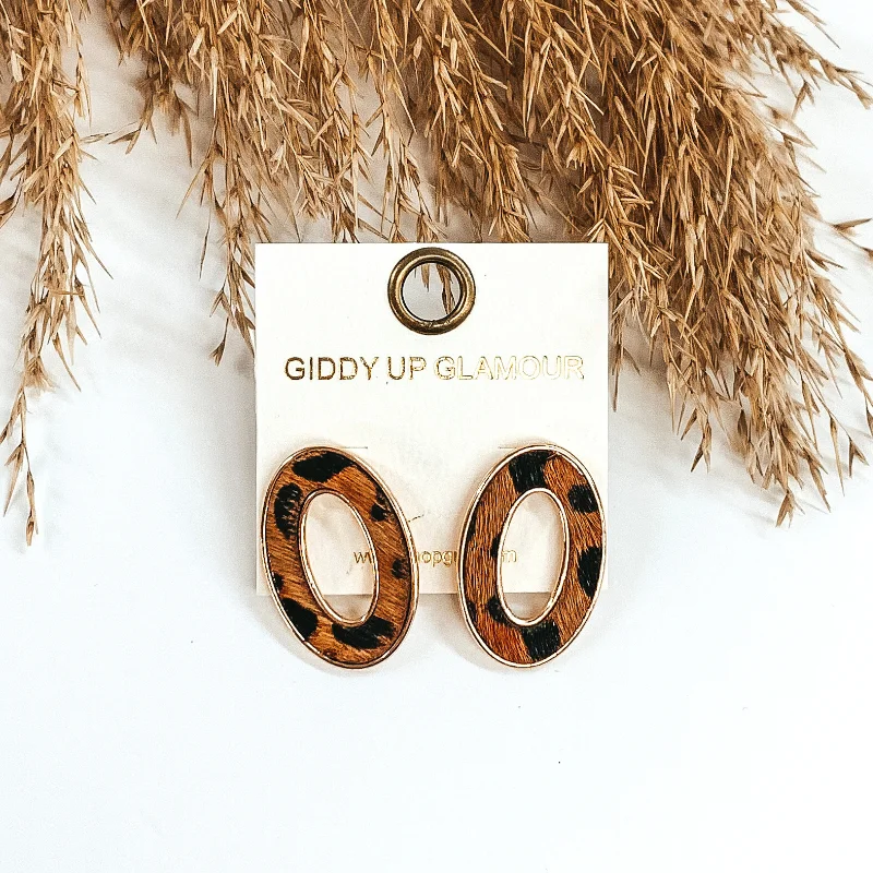 Best hoop earrings with detachable studs for a versatile and adjustable accessory-Gold Open Oval Post Earrings in Brown Animal Print