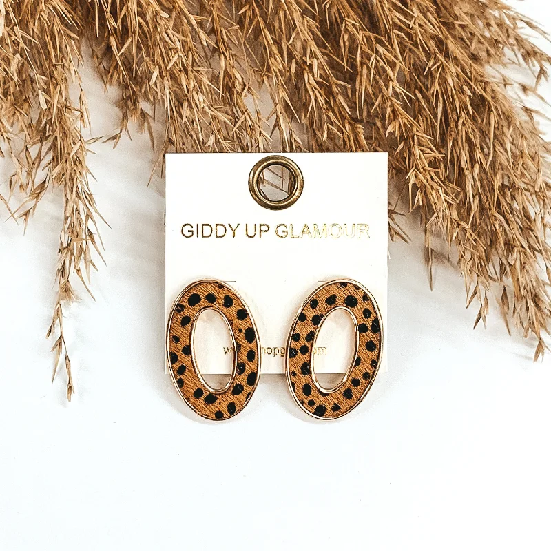 Best hoop earrings with satin ribbons for a soft, feminine appearance-Gold Open Oval Post Earrings in Brown Dotted Print