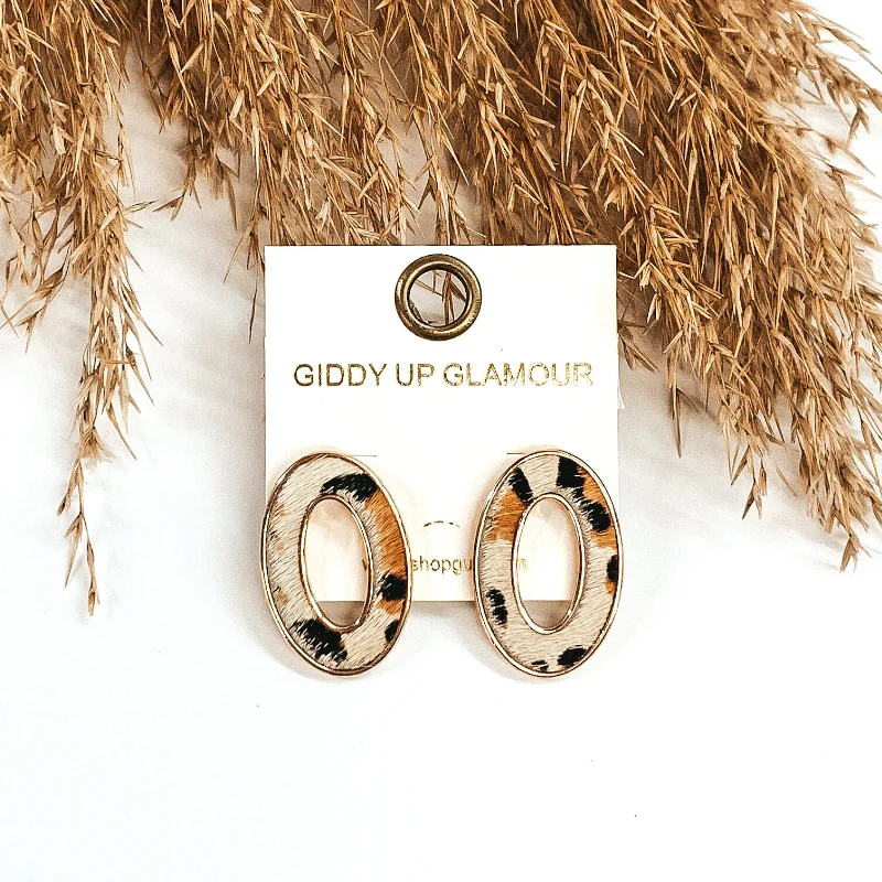 Hoop earrings with twisted leather for a chic and modern boho look-Gold Open Oval Post Earrings in White Animal Print