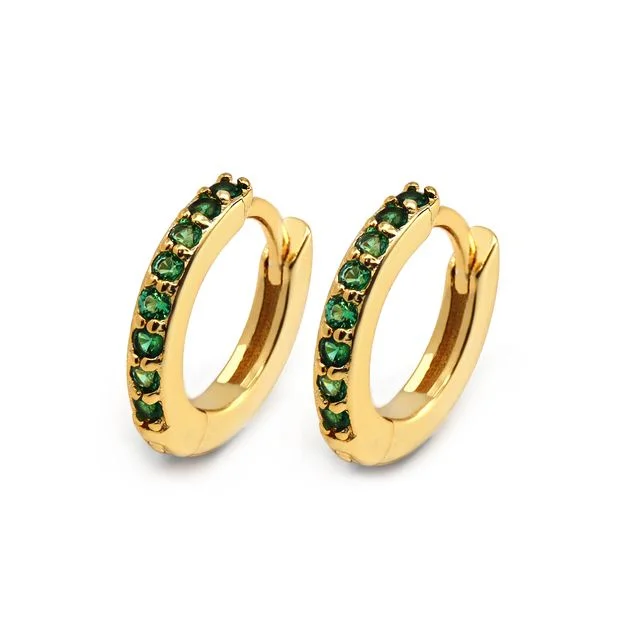 Hoop earrings with artistic filigree designs for an intricate, delicate finish-Green Huggie Hoop Earrings - Yellow Gold