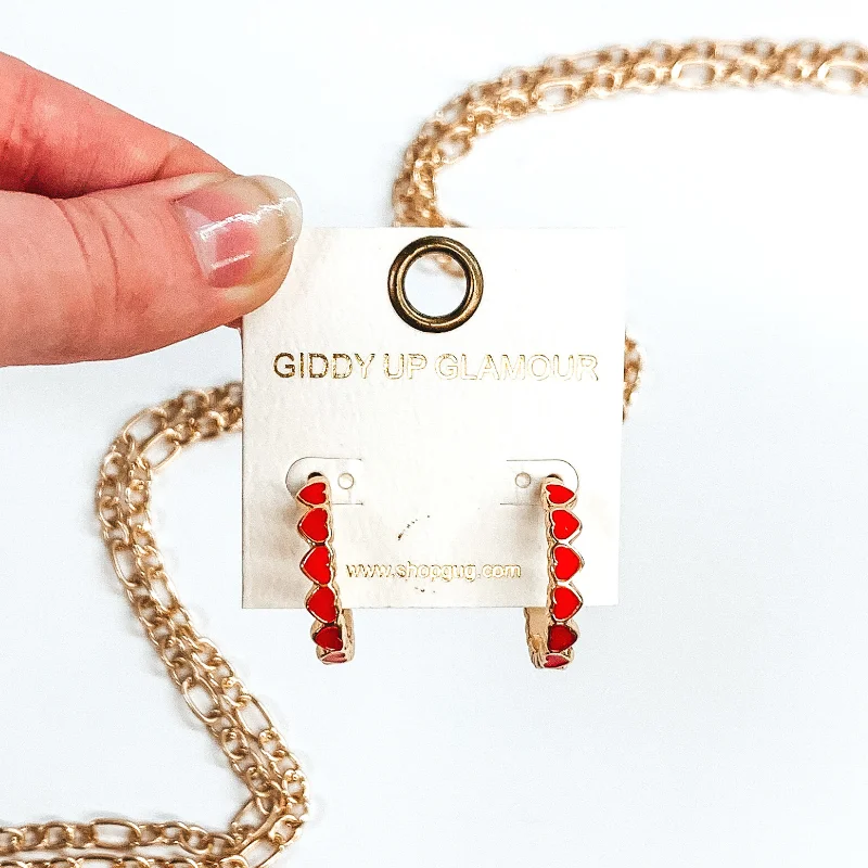 Hoop earrings with dangling charms for a playful and fun look-Heart Felt Connection Medium Gold Hoop Earrings in Red