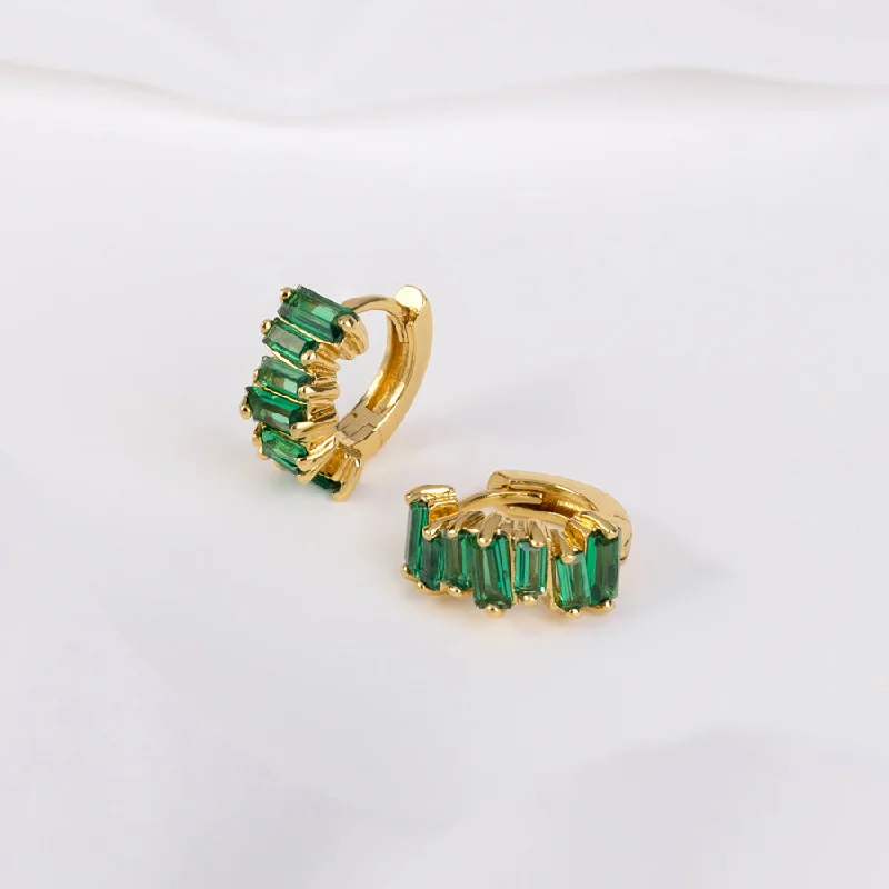 Best hoop earrings with twisted rope designs for a nautical-inspired style-Jagged Baguette Emerald & Gold 8mm Baby Huggie Earrings