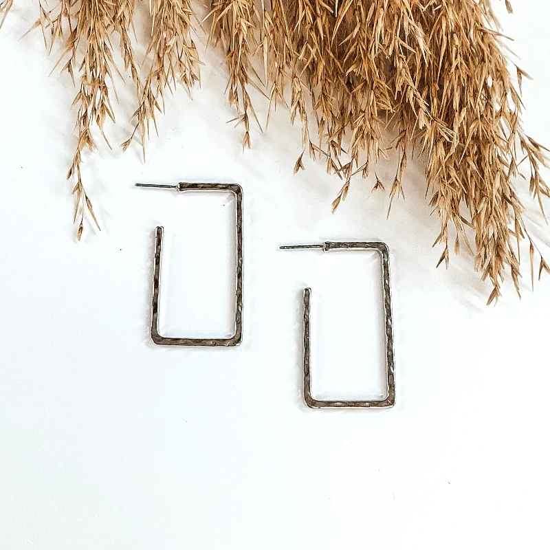 Hoop earrings with abstract wirework for an artistic, unique look-Large Hammered Rectangle Hoops in Silver