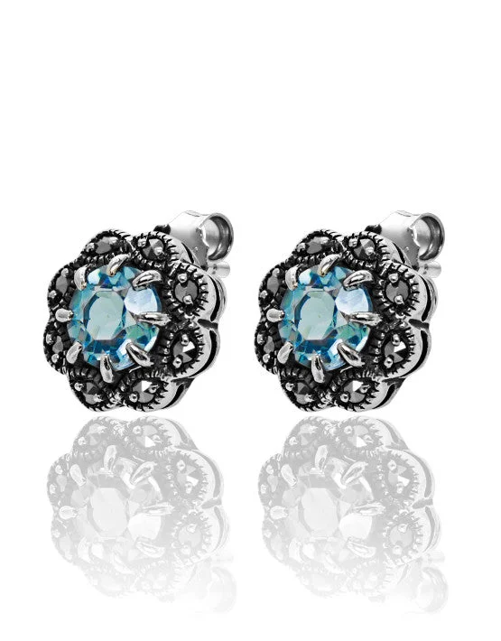 Hoop earrings with floral motifs for a feminine and nature-inspired look-Marcasite and Blue Topaz Flower Studs