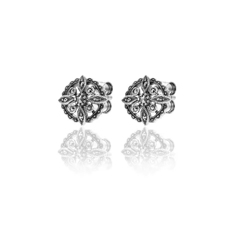 Hoop earrings with abstract wirework for an artistic, unique look-Ornate Marcasite Flower Disc Studs