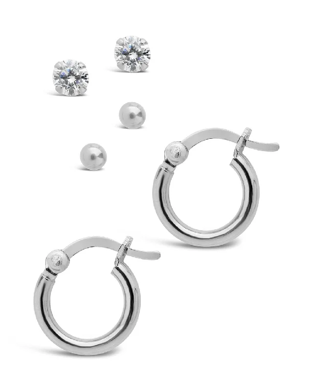 Best hoop earrings with snake-inspired designs for an edgy and fierce vibe-Men's Sterling Silver Stud & Hoop Earring Set of 3