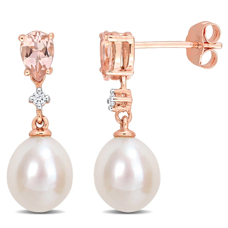 Hoop earrings with artistic filigree designs for an intricate, delicate finish-Miadora Cultured Freshwater Pearl 4/5ct TGW Morganite Diamond Accent Earrings 14k Rose Gold