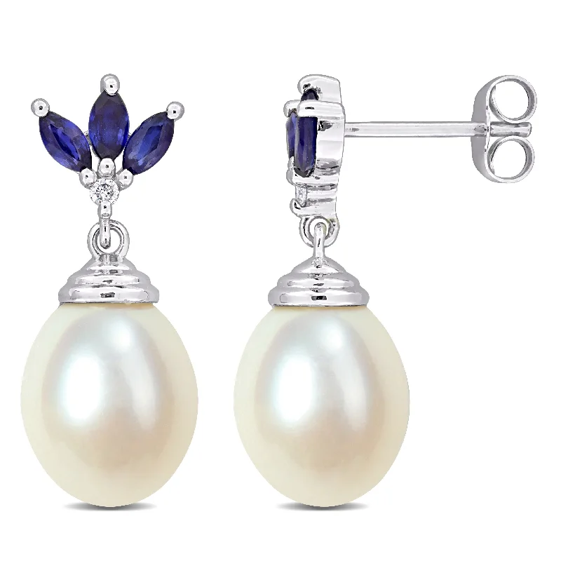 Best hoop earrings with tribal designs for a cultural and exotic aesthetic-Miadora Cultured Freshwater Pearl 5/8ct TGW Sapphire Diamond Accent Earrings 10k White Gold