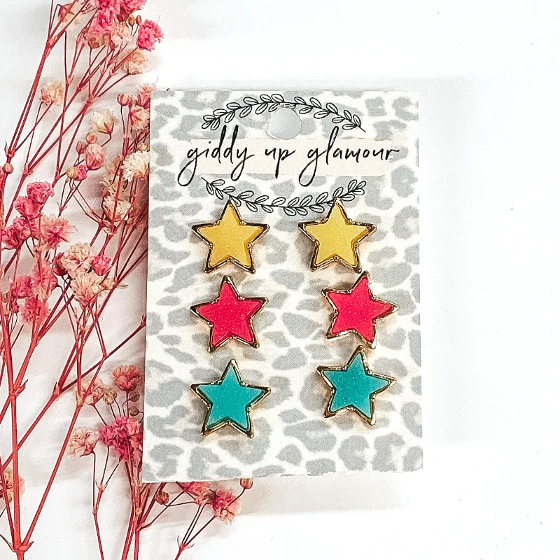 Best hoop earrings with matching bracelets for a coordinated jewelry set-Multicolored Druzy Star Earring Set