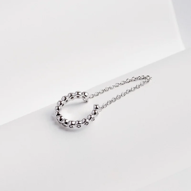 Hoop earrings with twisted leather for a chic and modern boho look-Pave Drop Chain Silver Ear Cuff