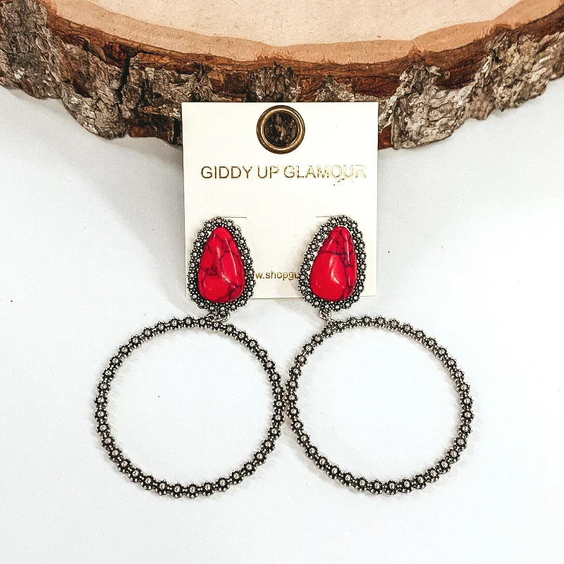 Best hoop earrings with butterfly motifs for a playful and whimsical appearance-Red Stone Metal Post Earrings