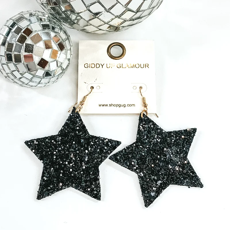 Hoop earrings with intricate designs for a unique and artistic appearance-Glitter Star Earrings in Black