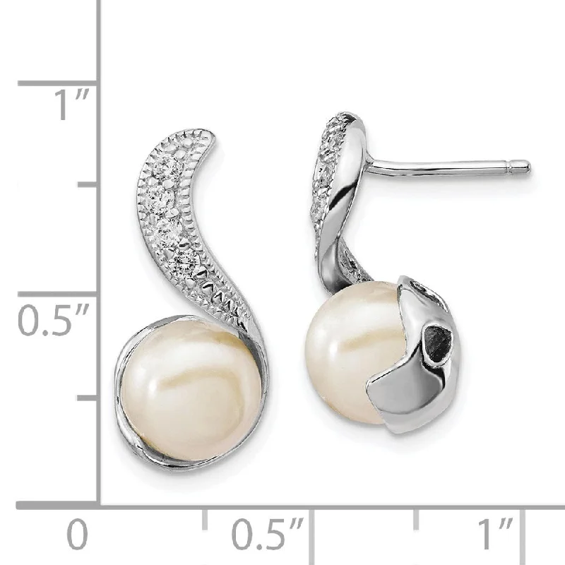 Hoop earrings with polished silver finish for a shiny, modern appeal-Sterling Silver Rhod Plated CZ & FWC Pearl Swirl Dangle Earrings (L-20 mm, W-9 mm)