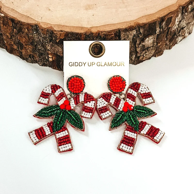 Best hoop earrings with hammered gold for a rustic yet elegant look-Sweet Candy Canes Beaded Earrings in Red/White