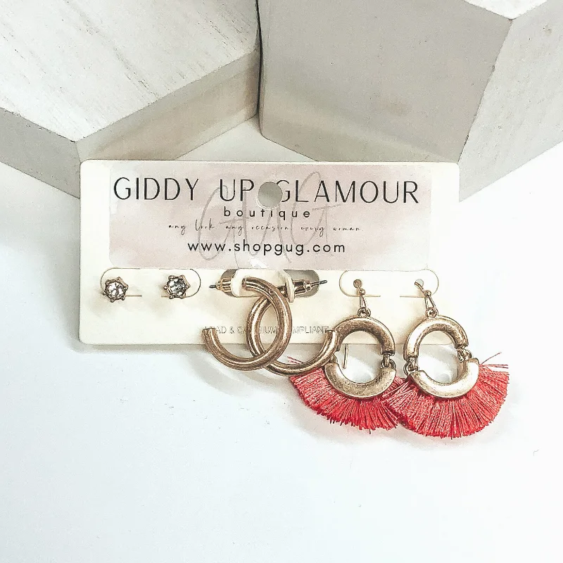 Best hoop earrings with infinity designs for a timeless and meaningful symbol-Tassel Gold Earring Set in Coral