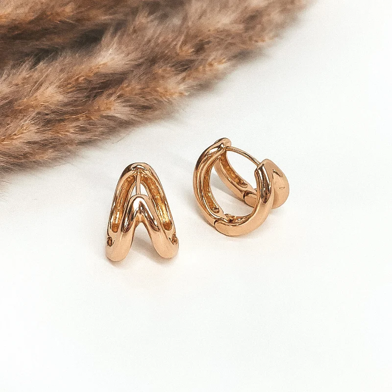 Hoop earrings with tortoiseshell designs for a chic and classic style-Thick Double Hoop Huggie Earrings in Gold Tone