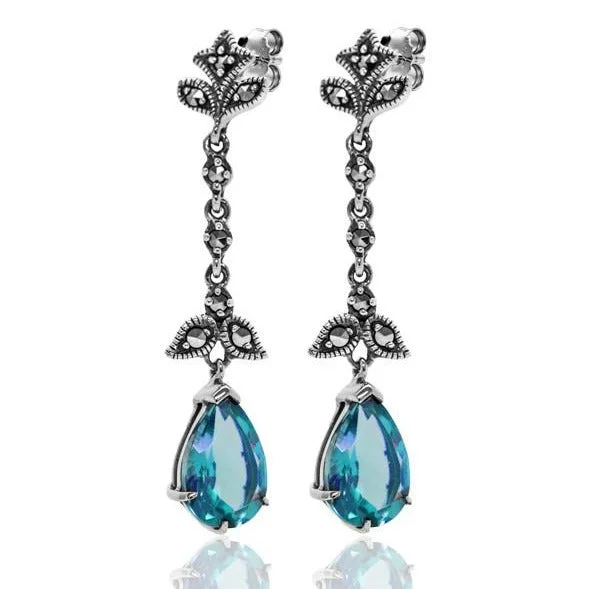 Classic hoop earrings with a thin profile for a sleek and subtle style-Blue Topaz & Marcasite Earrings