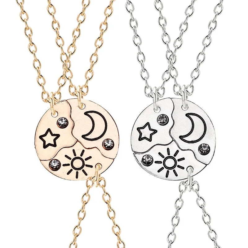 Beautiful necklaces and pendants with diamond-encrusted designs for maximum sparkle-3 Piece Set Sun Moon Star Pendant Necklace Best Friend Bff Friendship