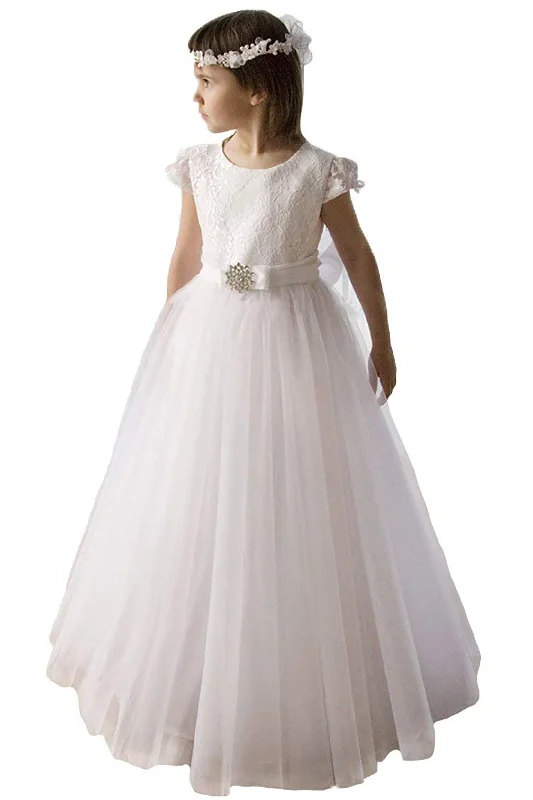 Simple necklaces and pendants with bar pendants for a sleek modern design-A-Line Floor Length Tulle Lace Flower Girl Dress CF0308