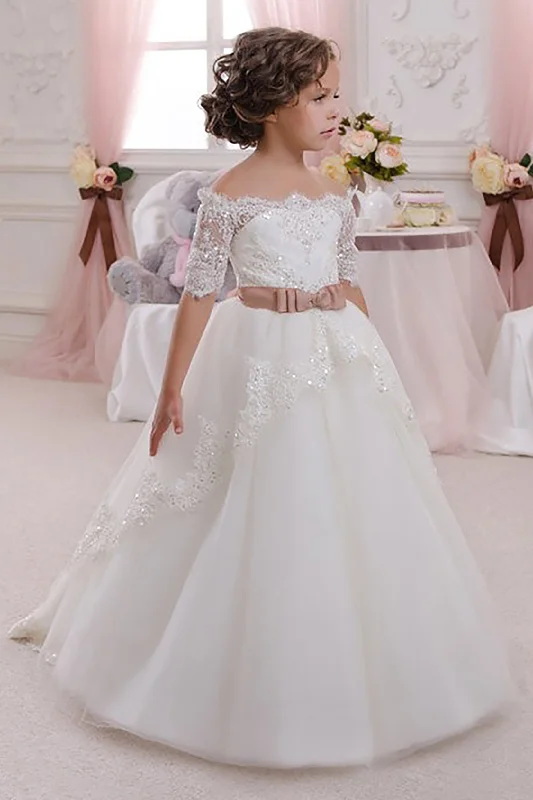 Necklaces and pendants with geometric pendants for a clean, contemporary design-A-Line Floor Length Tulle Lace Flower Girl Dress CF0333