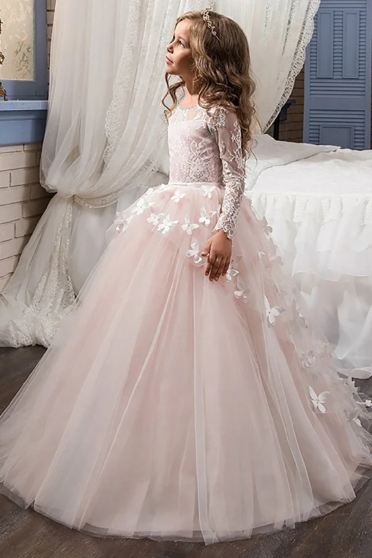 Necklaces and pendants with crescent moon designs for a celestial and mystical feel-Ball Gown Floor Length Tulle Lace Flower Girl Dress CF0304