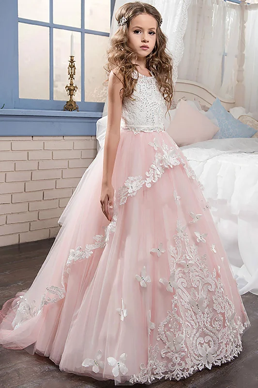 Necklaces and pendants with clear quartz for a pure and radiant look-Ball Gown Floor Length Tulle Lace Flower Girl Dress CF0326