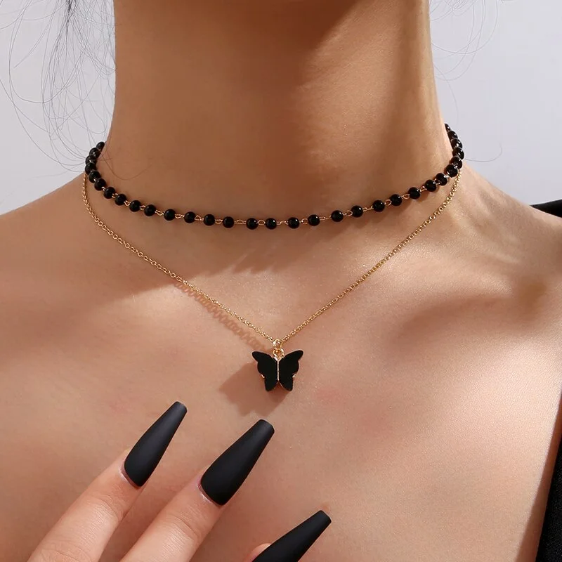 Best necklaces and pendants with matching rings for a coordinated jewelry set-Black Butterfly Pendant Necklace Bead Opal Chain Shiny Women