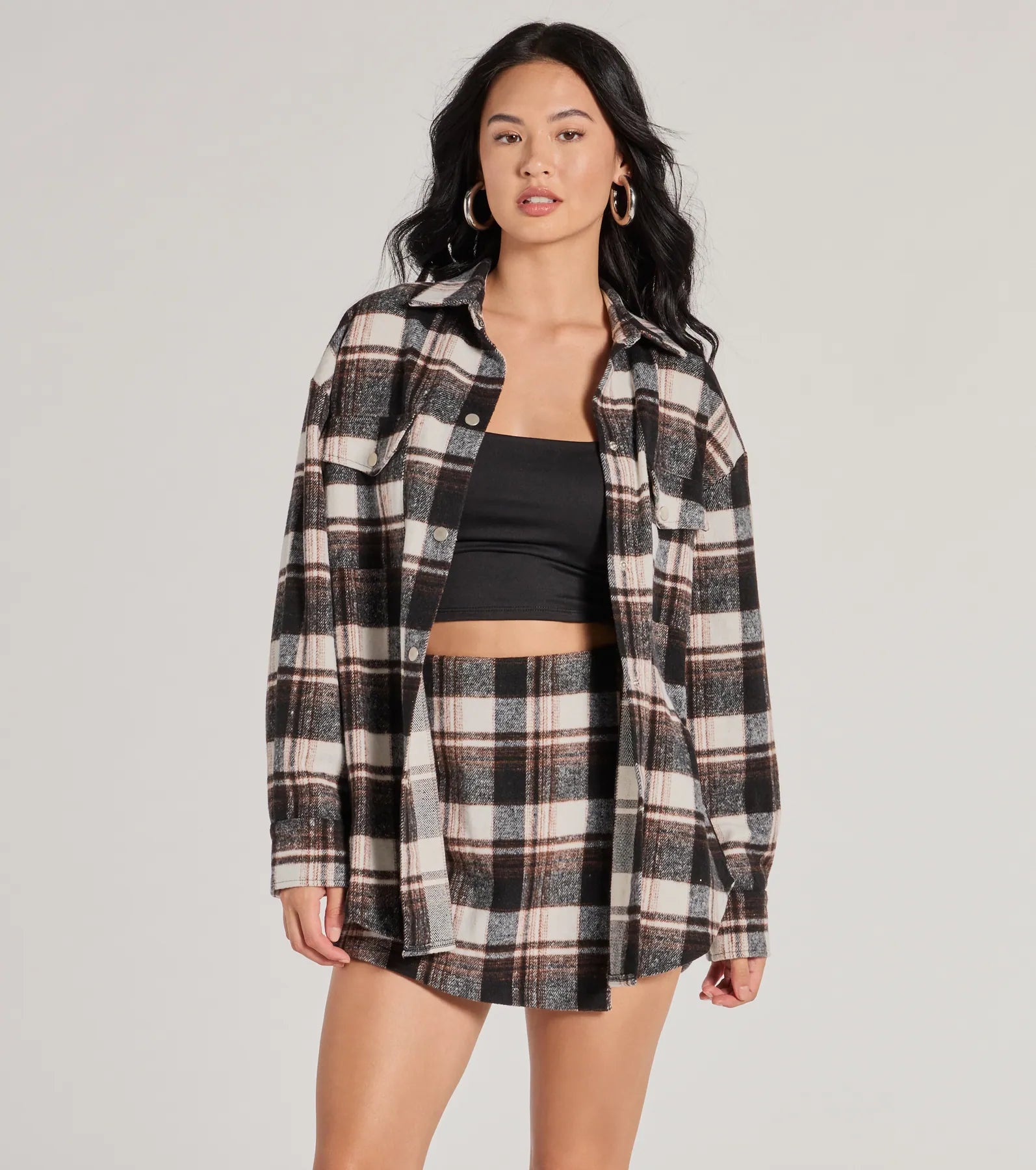 Best necklaces and pendants with matching rings for a coordinated jewelry set-Classically Chic Plaid Long Sleeve Oversized Shacket