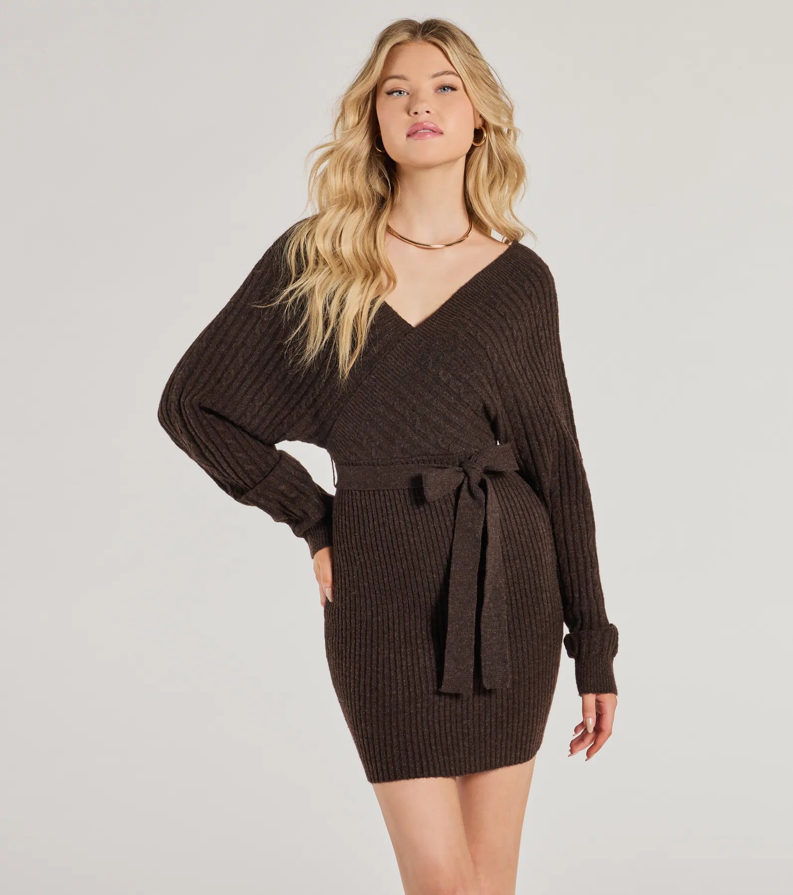 Necklaces and pendants with abstract shapes for a modern, creative appearance-Cozy Fave Cable Knit Long Sleeve Mini Dress