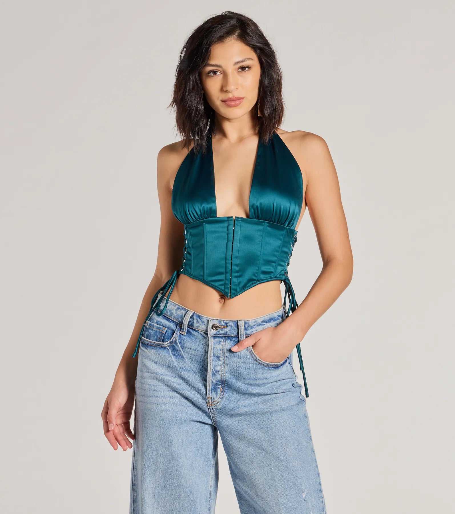 Best necklaces and pendants with layered designs for a chic, stacked look-Edgy Luxe Satin Halter Cropped Corset Top