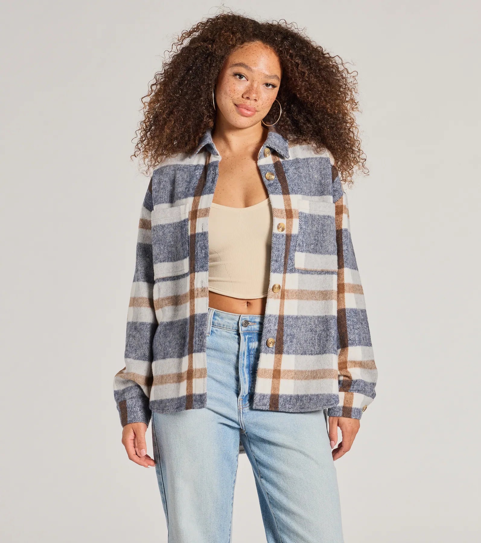 Necklaces and pendants with lock and key designs for a symbolic gesture-Effortless Cutie Long Sleeve Plaid Shacket