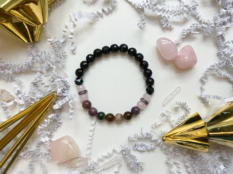 Personalized necklaces and pendants with coordinates for a meaningful location-based gift-Rainbow Tourmaline, Onyx & Rose Quartz || Reiki Infused