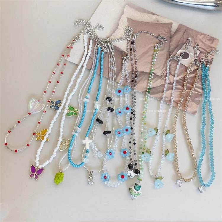 Necklaces and pendants with feather designs for a boho-chic, carefree vibe-Summer Sweet Colorful Beaded Flower Charm Choker Necklace For Women Butterfly Boho Cute Short  Aesthetic Jewelry