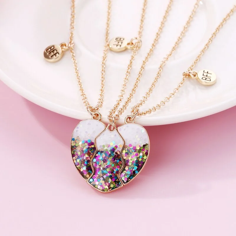 Best necklaces and pendants with rose gold for a warm and romantic appeal-3Pcs/set Colorful Sequin Heart Broken Pendant Necklace